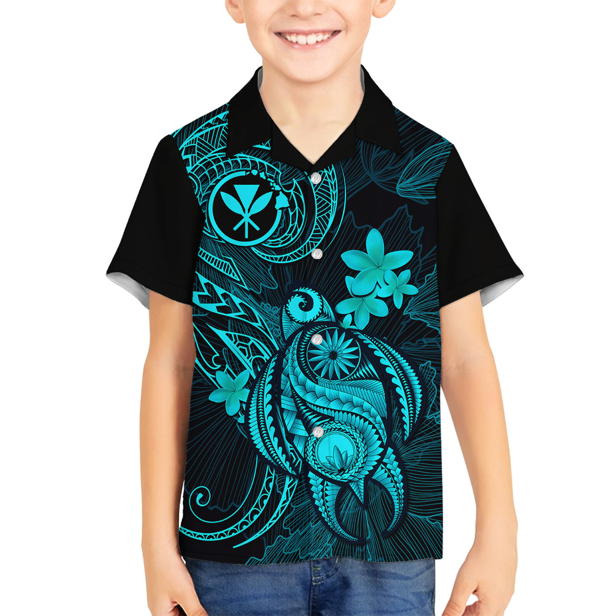 Hawaii Kid Hawaiian Shirt Turtle Mix Polynesian Plumeria Turquoise Version LT14 - Polynesian Pride
