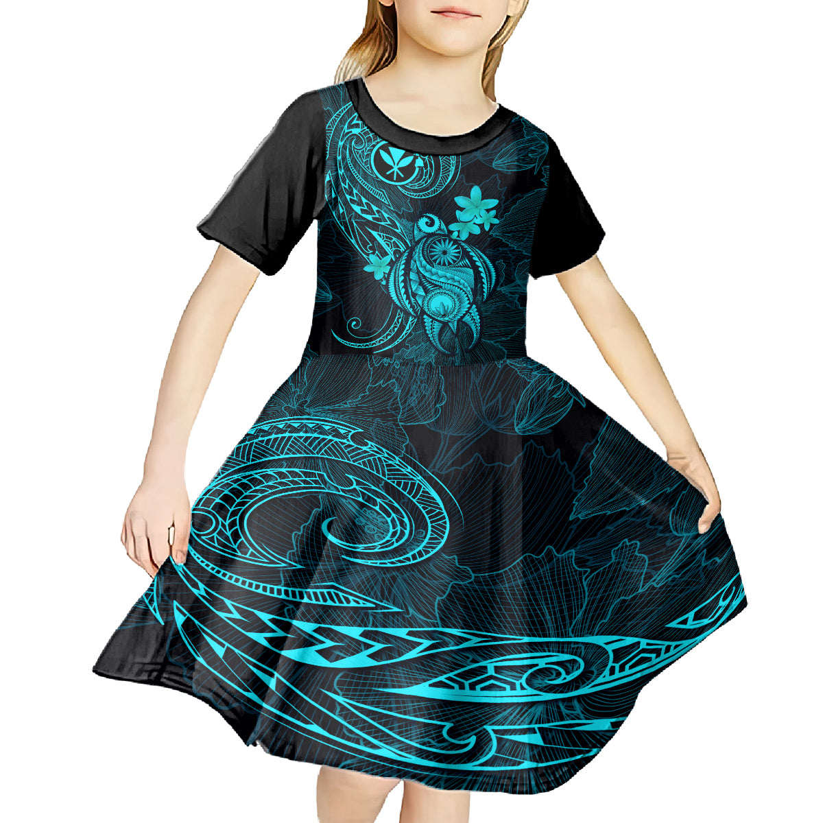 hawaii-kid-short-sleeve-dress-turtle-mix-polynesian-plumeria-turquoise-version