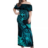 Hawaii Off Shoulder Maxi Dress Turtle Mix Polynesian Plumeria Turquoise Version LT14 Women Turquoise - Polynesian Pride
