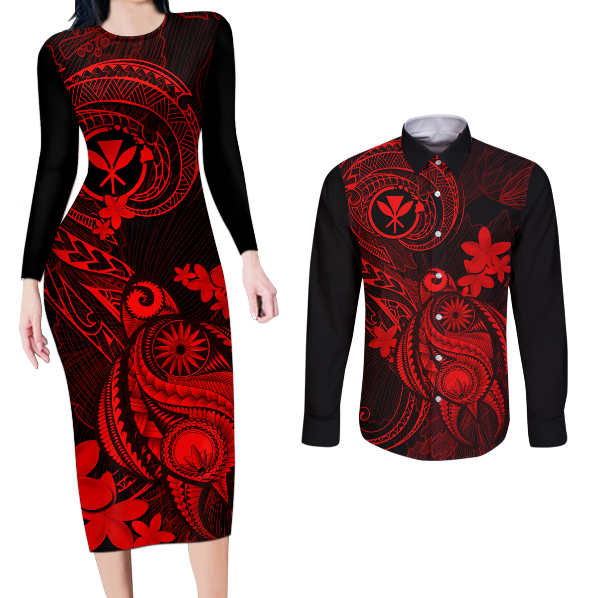 hawaii-couples-matching-long-sleeve-bodycon-dress-and-long-sleeve-button-shirts-turtle-mix-polynesian-plumeria-red-version