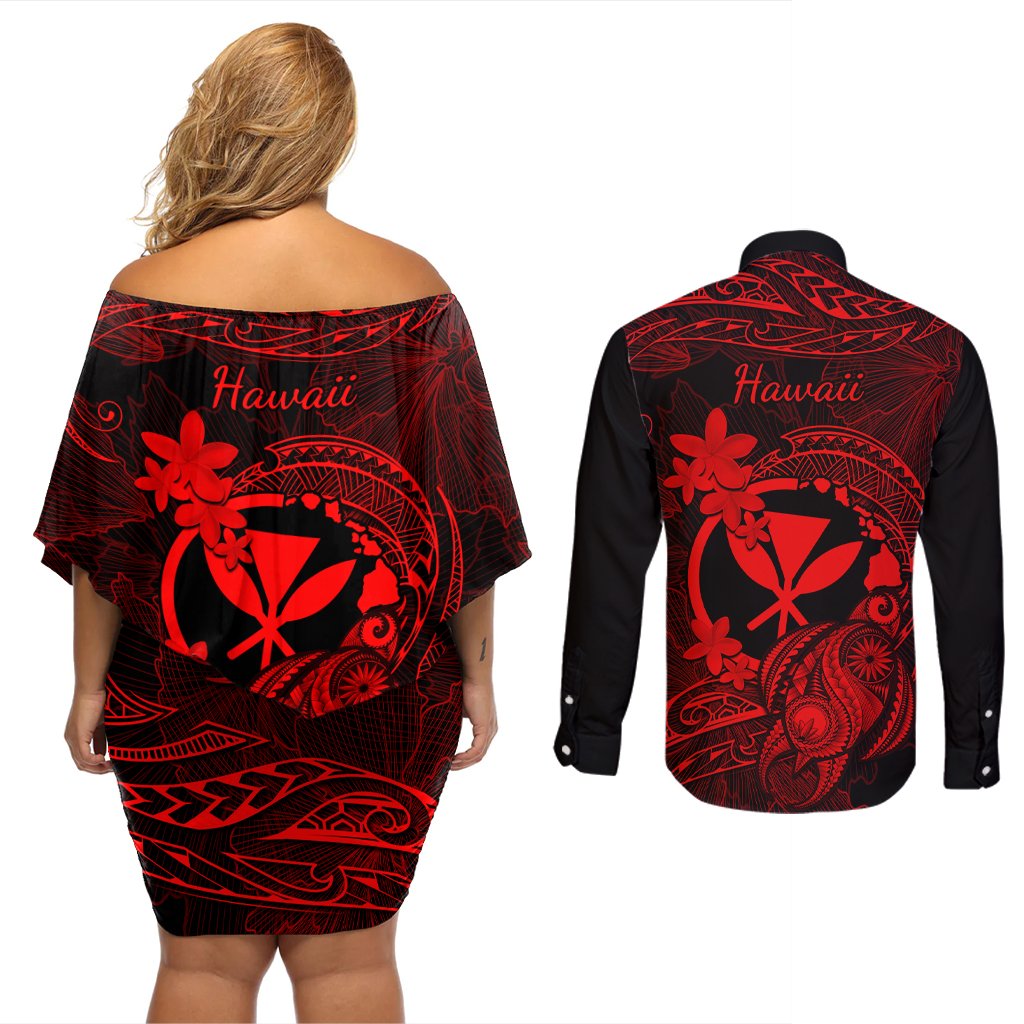 hawaii-couples-matching-off-shoulder-short-dress-and-long-sleeve-button-shirts-turtle-mix-polynesian-plumeria-red-version