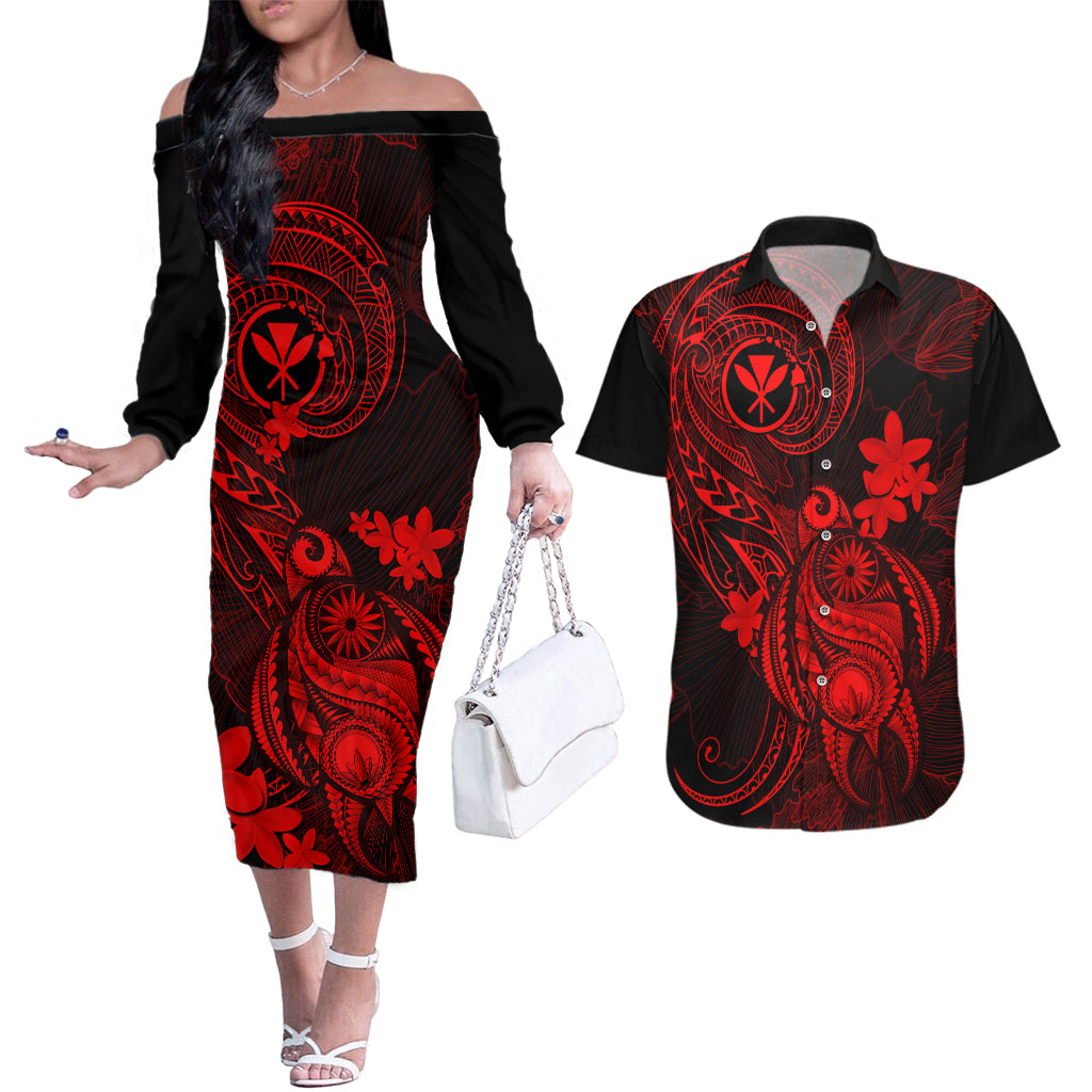 Hawaii Couples Matching Off The Shoulder Long Sleeve Dress and Hawaiian Shirt Turtle Mix Polynesian Plumeria Red Version LT14 Red - Polynesian Pride