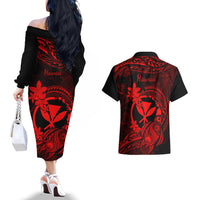 Hawaii Couples Matching Off The Shoulder Long Sleeve Dress and Hawaiian Shirt Turtle Mix Polynesian Plumeria Red Version LT14 - Polynesian Pride