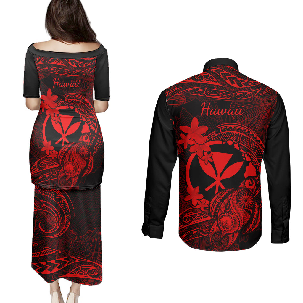 hawaii-couples-matching-puletasi-dress-and-long-sleeve-button-shirts-turtle-mix-polynesian-plumeria-red-version