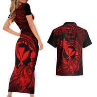Hawaii Couples Matching Short Sleeve Bodycon Dress and Hawaiian Shirt Turtle Mix Polynesian Plumeria Red Version LT14 - Polynesian Pride