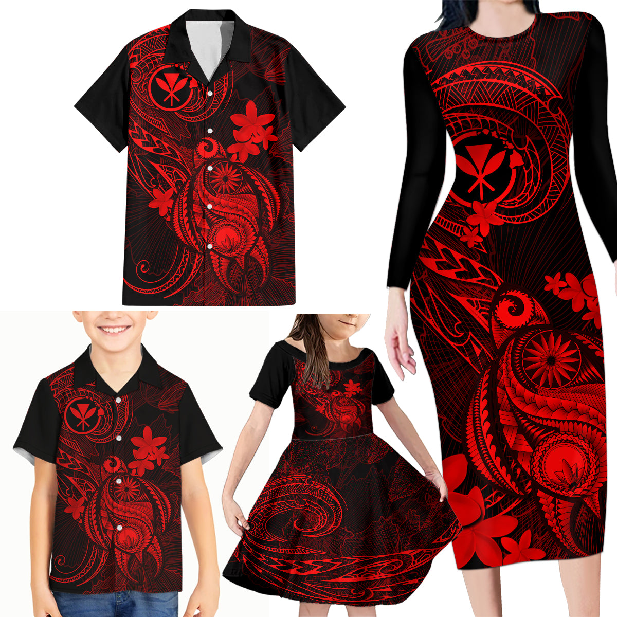 Hawaii Family Matching Long Sleeve Bodycon Dress and Hawaiian Shirt Turtle Mix Polynesian Plumeria Red Version LT14 - Polynesian Pride