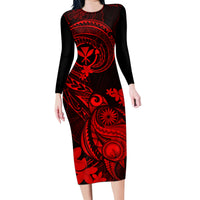 Hawaii Family Matching Long Sleeve Bodycon Dress and Hawaiian Shirt Turtle Mix Polynesian Plumeria Red Version LT14 Mom's Dress Red - Polynesian Pride