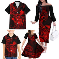 Hawaii Family Matching Off Shoulder Long Sleeve Dress and Hawaiian Shirt Turtle Mix Polynesian Plumeria Red Version LT14 - Polynesian Pride