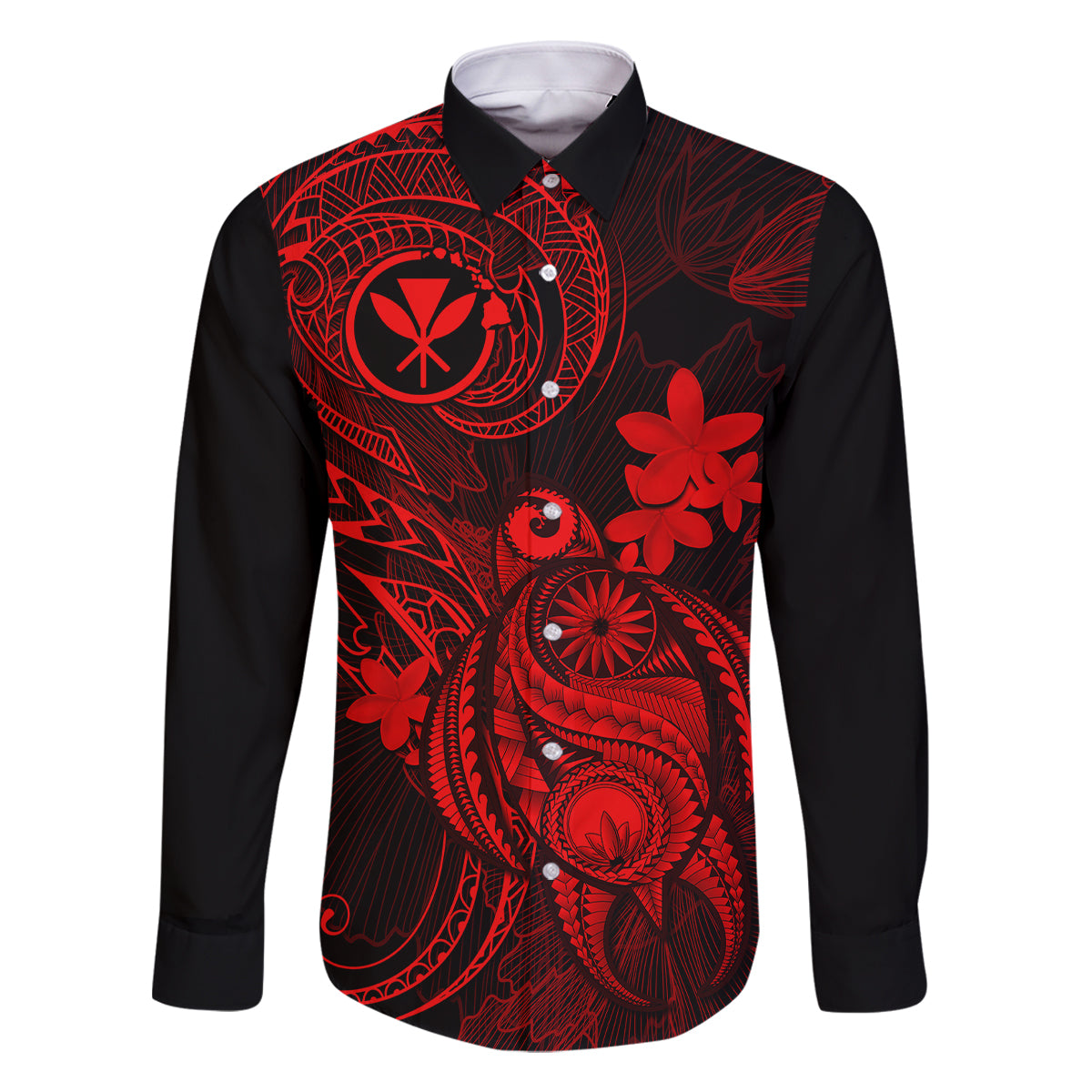 Hawaii Family Matching Off Shoulder Long Sleeve Dress and Hawaiian Shirt Turtle Mix Polynesian Plumeria Red Version LT14 Dad's Shirt - Long Sleeve Red - Polynesian Pride