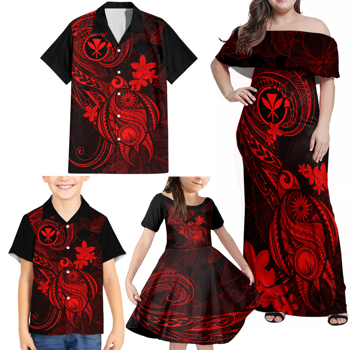 Hawaii Family Matching Off Shoulder Maxi Dress and Hawaiian Shirt Turtle Mix Polynesian Plumeria Red Version LT14 - Polynesian Pride