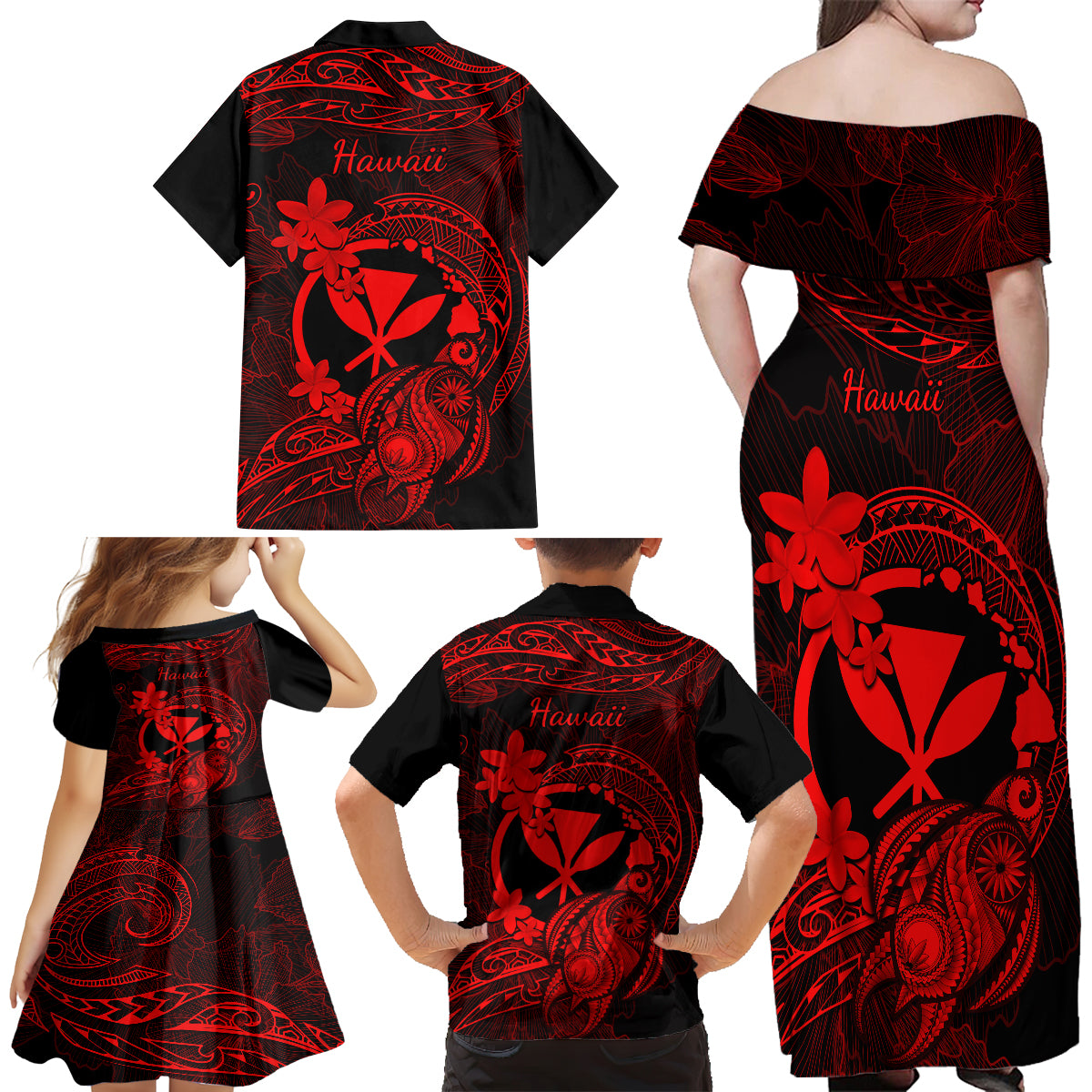 Hawaii Family Matching Off Shoulder Maxi Dress and Hawaiian Shirt Turtle Mix Polynesian Plumeria Red Version LT14 - Polynesian Pride