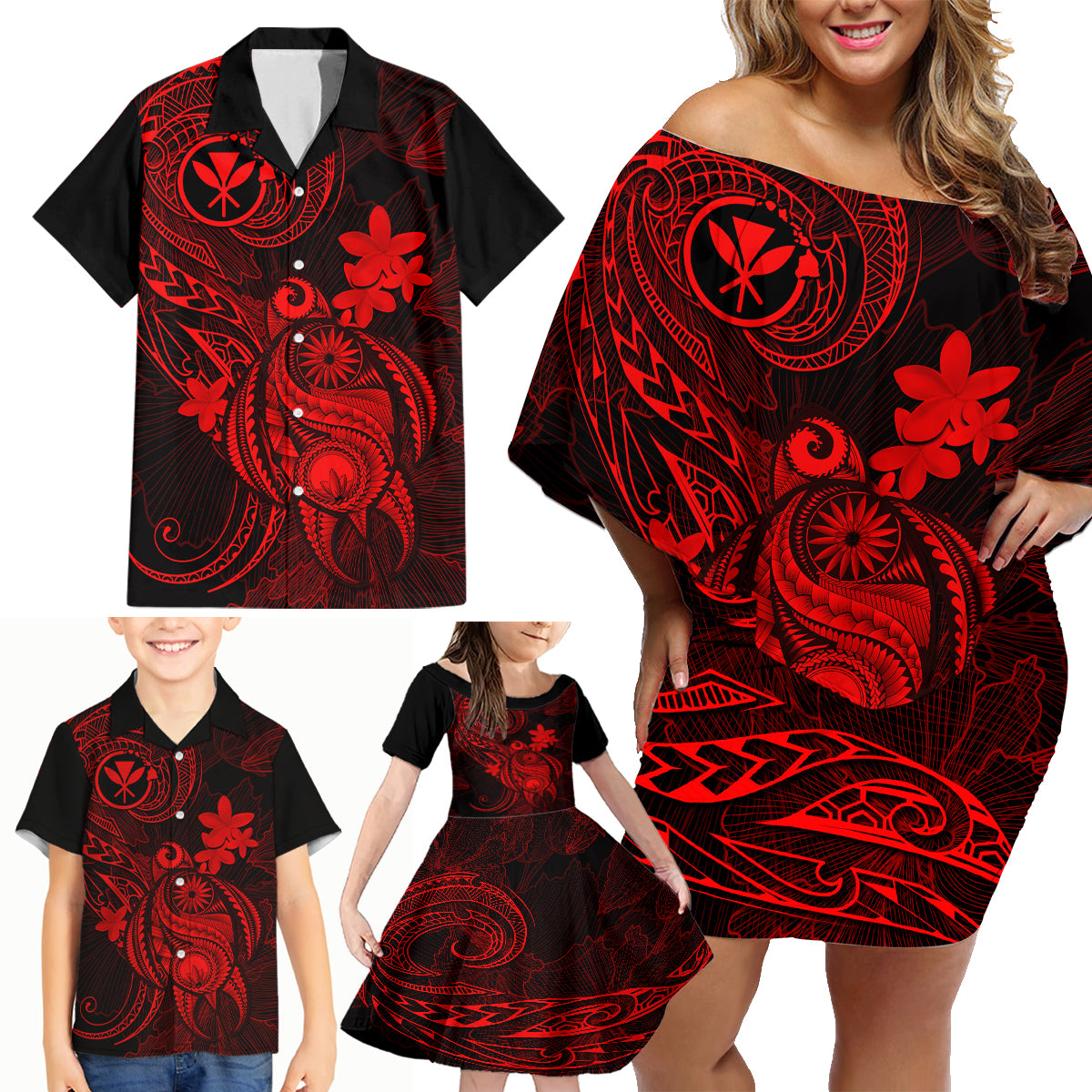 Hawaii Family Matching Off Shoulder Short Dress and Hawaiian Shirt Turtle Mix Polynesian Plumeria Red Version LT14 - Polynesian Pride