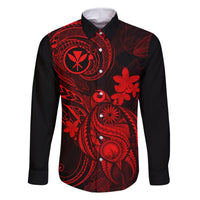 Hawaii Family Matching Off Shoulder Short Dress and Hawaiian Shirt Turtle Mix Polynesian Plumeria Red Version LT14 Dad's Shirt - Long Sleeve Red - Polynesian Pride