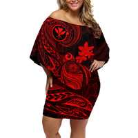 Hawaii Family Matching Off Shoulder Short Dress and Hawaiian Shirt Turtle Mix Polynesian Plumeria Red Version LT14 Mom's Dress Red - Polynesian Pride