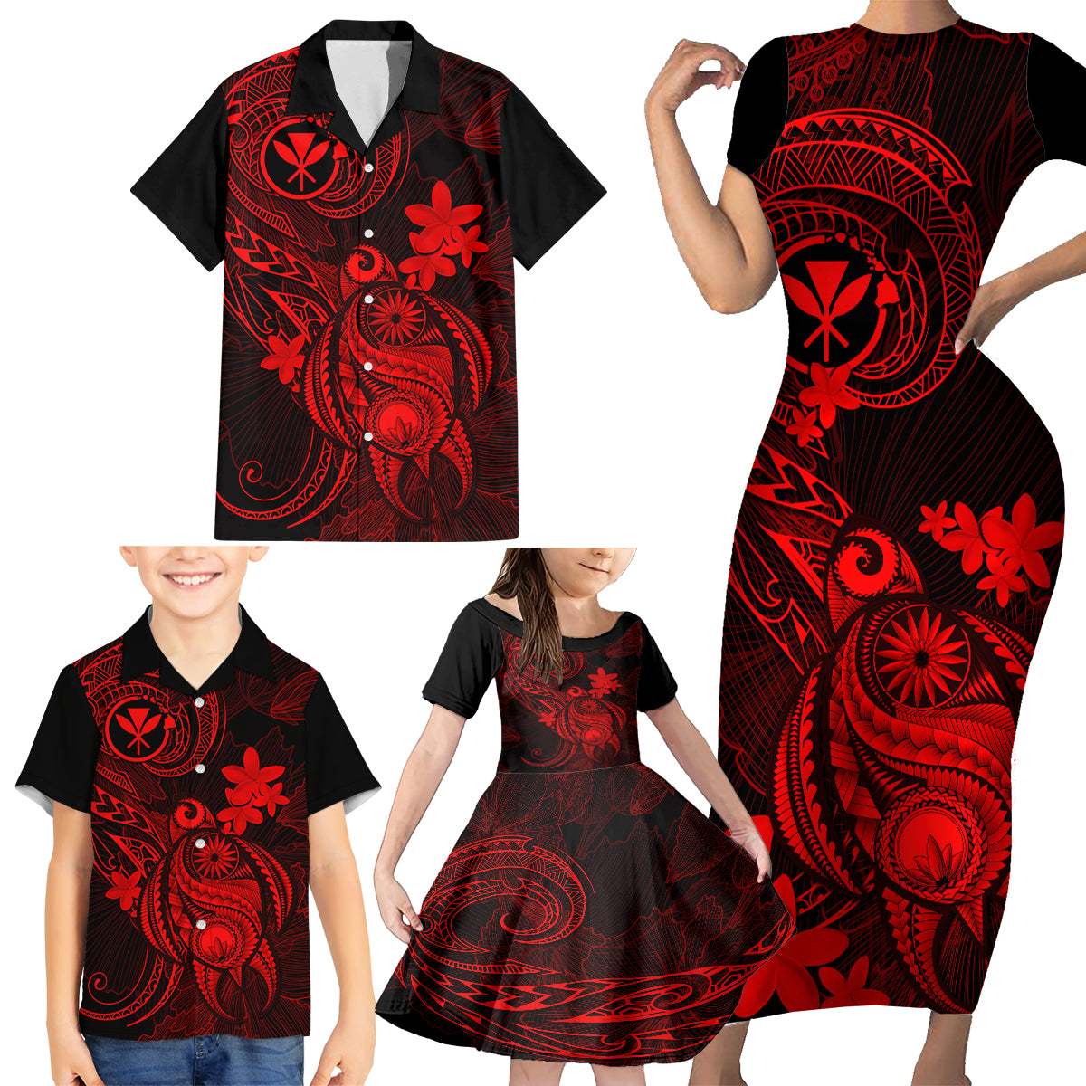 Hawaii Family Matching Short Sleeve Bodycon Dress and Hawaiian Shirt Turtle Mix Polynesian Plumeria Red Version LT14 - Polynesian Pride