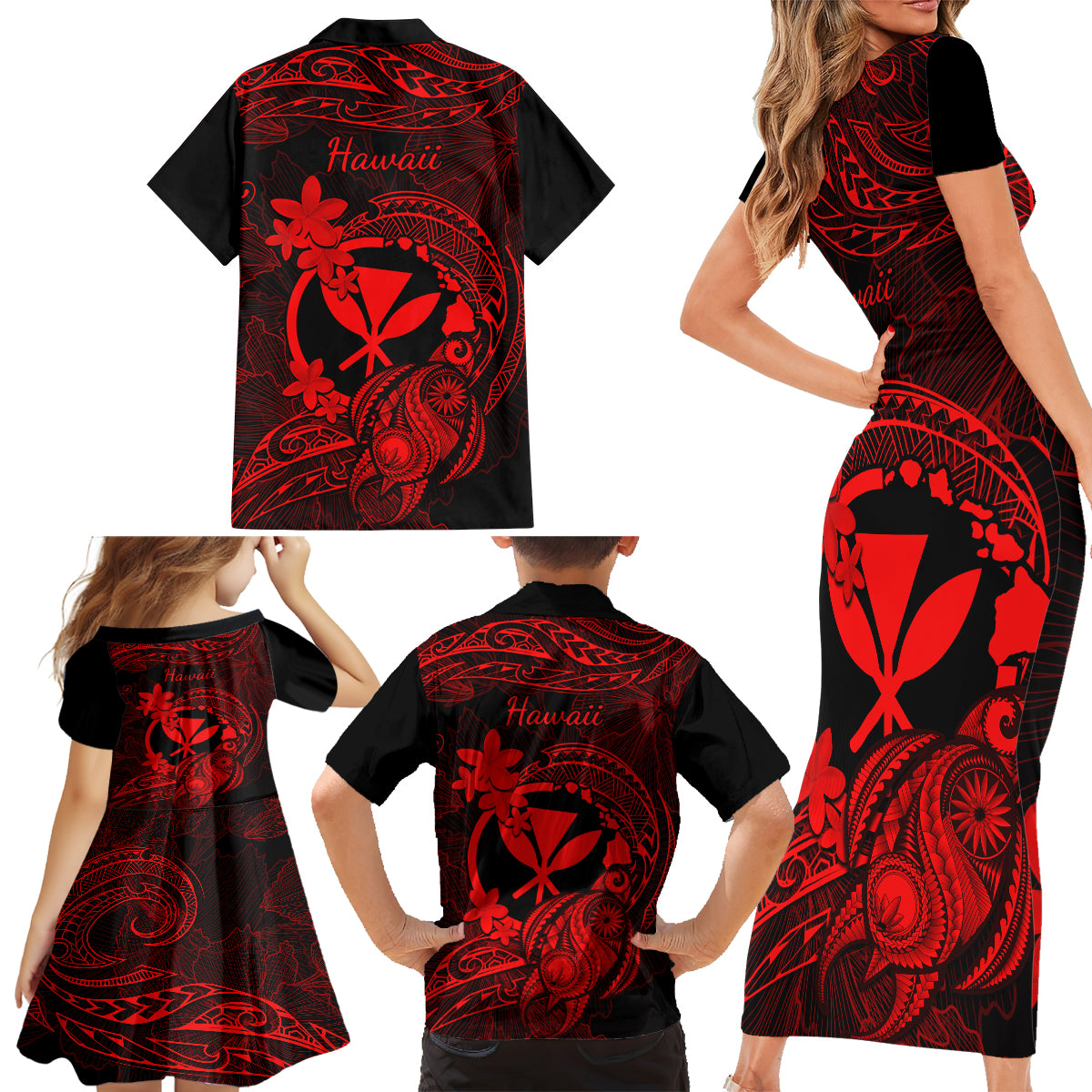 Hawaii Family Matching Short Sleeve Bodycon Dress and Hawaiian Shirt Turtle Mix Polynesian Plumeria Red Version LT14 - Polynesian Pride