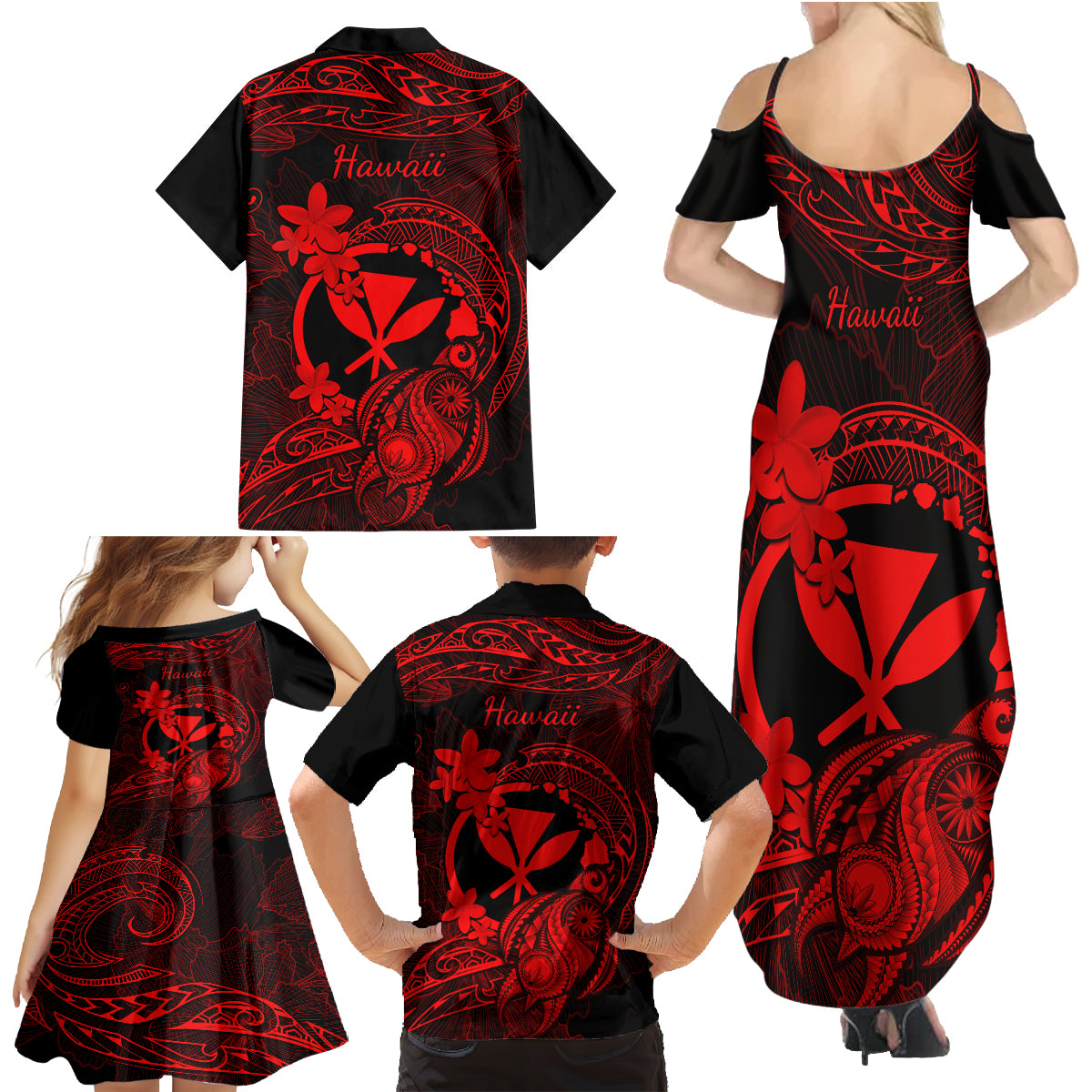 Hawaii Family Matching Summer Maxi Dress and Hawaiian Shirt Turtle Mix Polynesian Plumeria Red Version LT14 - Polynesian Pride