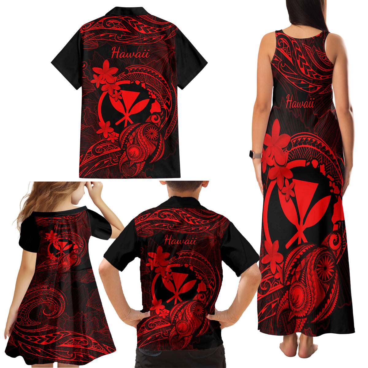 Hawaii Family Matching Tank Maxi Dress and Hawaiian Shirt Turtle Mix Polynesian Plumeria Red Version LT14 - Polynesian Pride