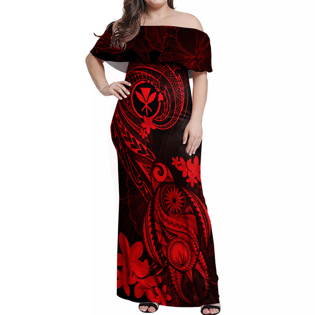 Hawaii Off Shoulder Maxi Dress Turtle Mix Polynesian Plumeria Red Version LT14 Women Red - Polynesian Pride
