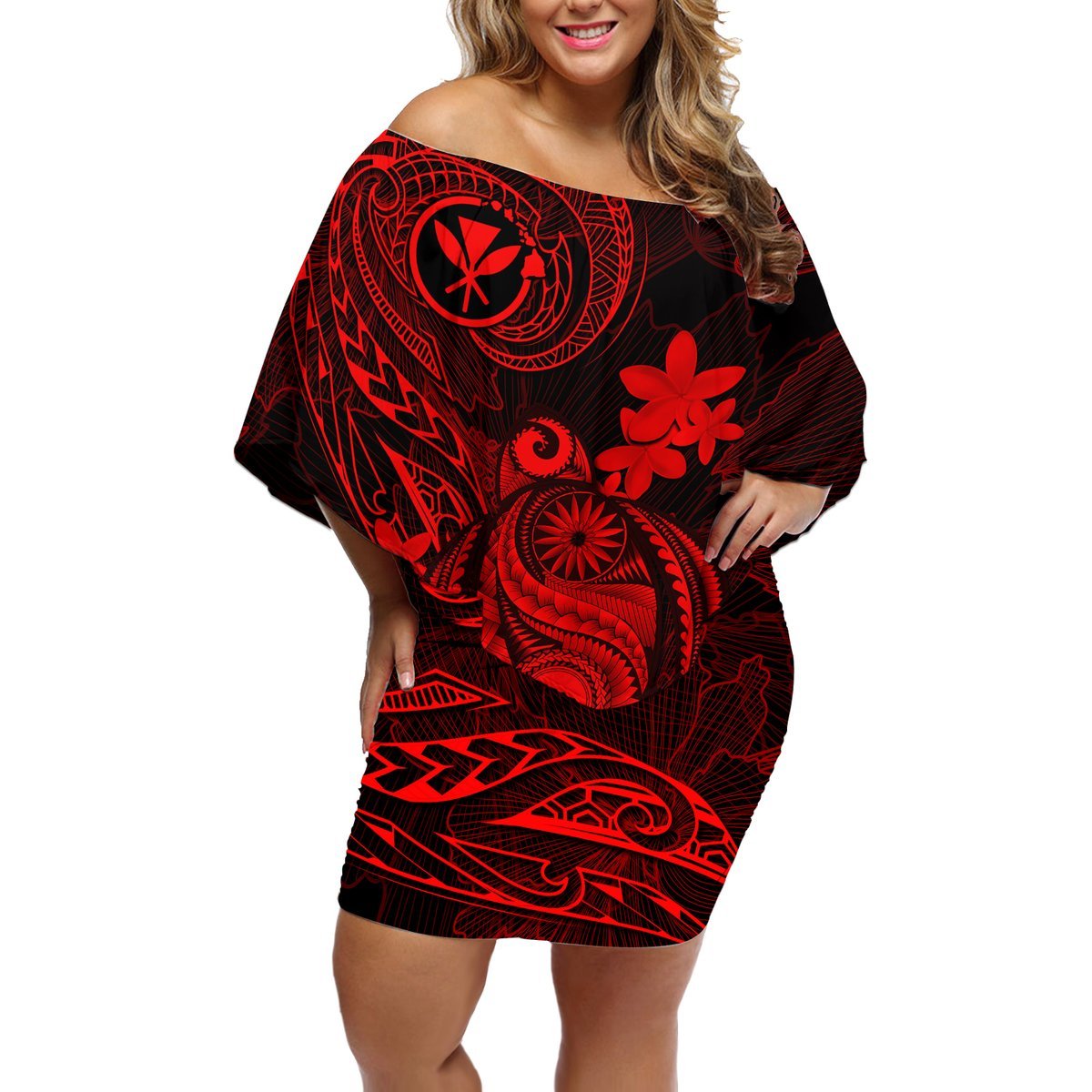 Hawaii Off Shoulder Short Dress Turtle Mix Polynesian Plumeria Red Version LT14 Women Red - Polynesian Pride