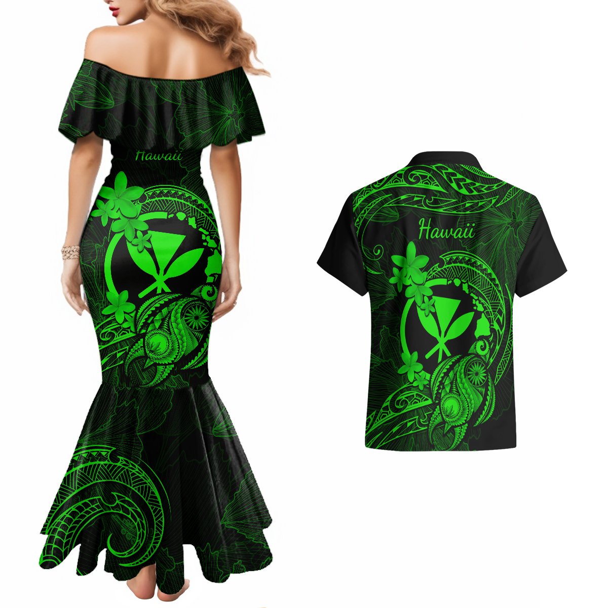 Hawaii Couples Matching Mermaid Dress and Hawaiian Shirt Turtle Mix Polynesian Plumeria Green Version LT14 - Polynesian Pride
