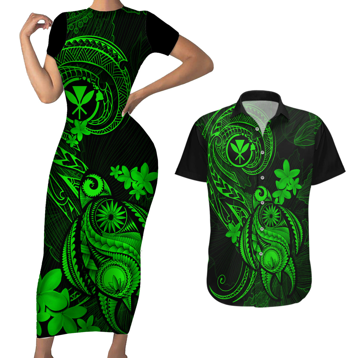 Hawaii Couples Matching Short Sleeve Bodycon Dress and Hawaiian Shirt Turtle Mix Polynesian Plumeria Green Version LT14 Green - Polynesian Pride