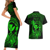 Hawaii Couples Matching Short Sleeve Bodycon Dress and Hawaiian Shirt Turtle Mix Polynesian Plumeria Green Version LT14 - Polynesian Pride