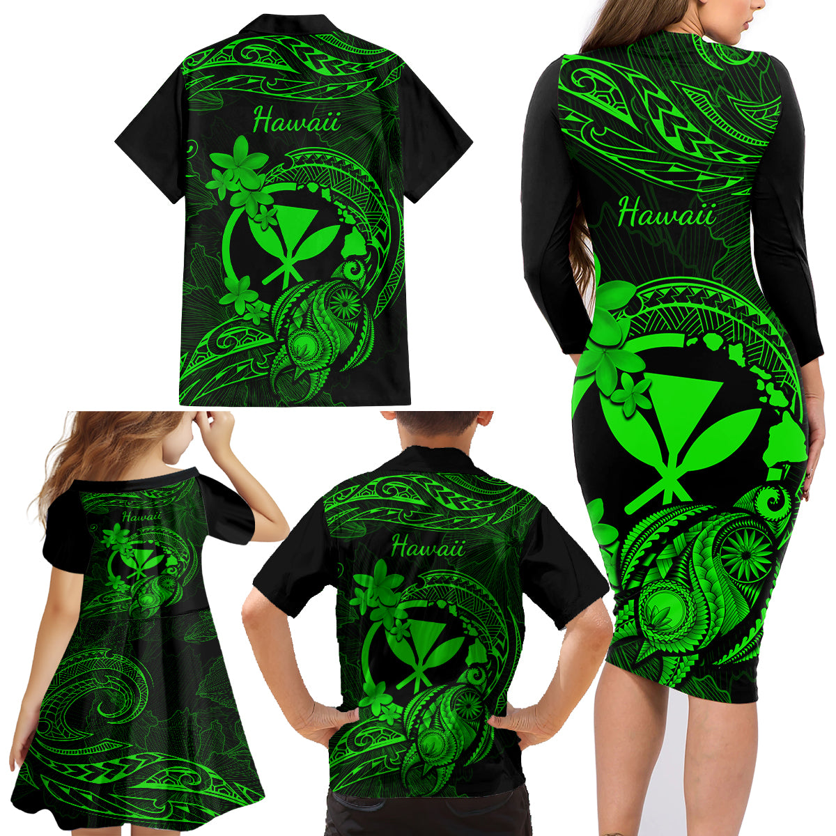 Hawaii Family Matching Long Sleeve Bodycon Dress and Hawaiian Shirt Turtle Mix Polynesian Plumeria Green Version LT14 - Polynesian Pride