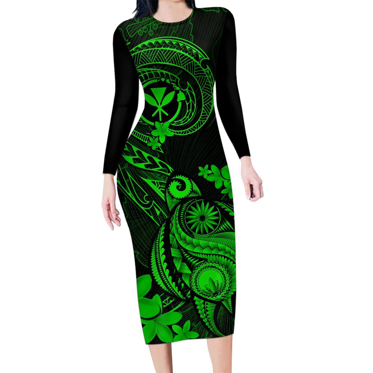 Hawaii Family Matching Long Sleeve Bodycon Dress and Hawaiian Shirt Turtle Mix Polynesian Plumeria Green Version LT14 Mom's Dress Green - Polynesian Pride
