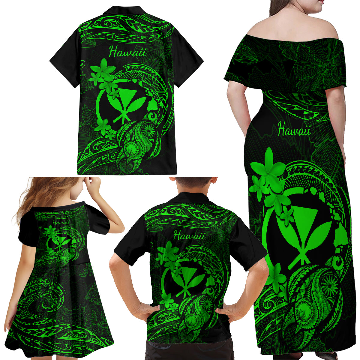 Hawaii Family Matching Off Shoulder Long Sleeve Dress and Hawaiian Shirt Turtle Mix Polynesian Plumeria Green Version LT14 - Polynesian Pride