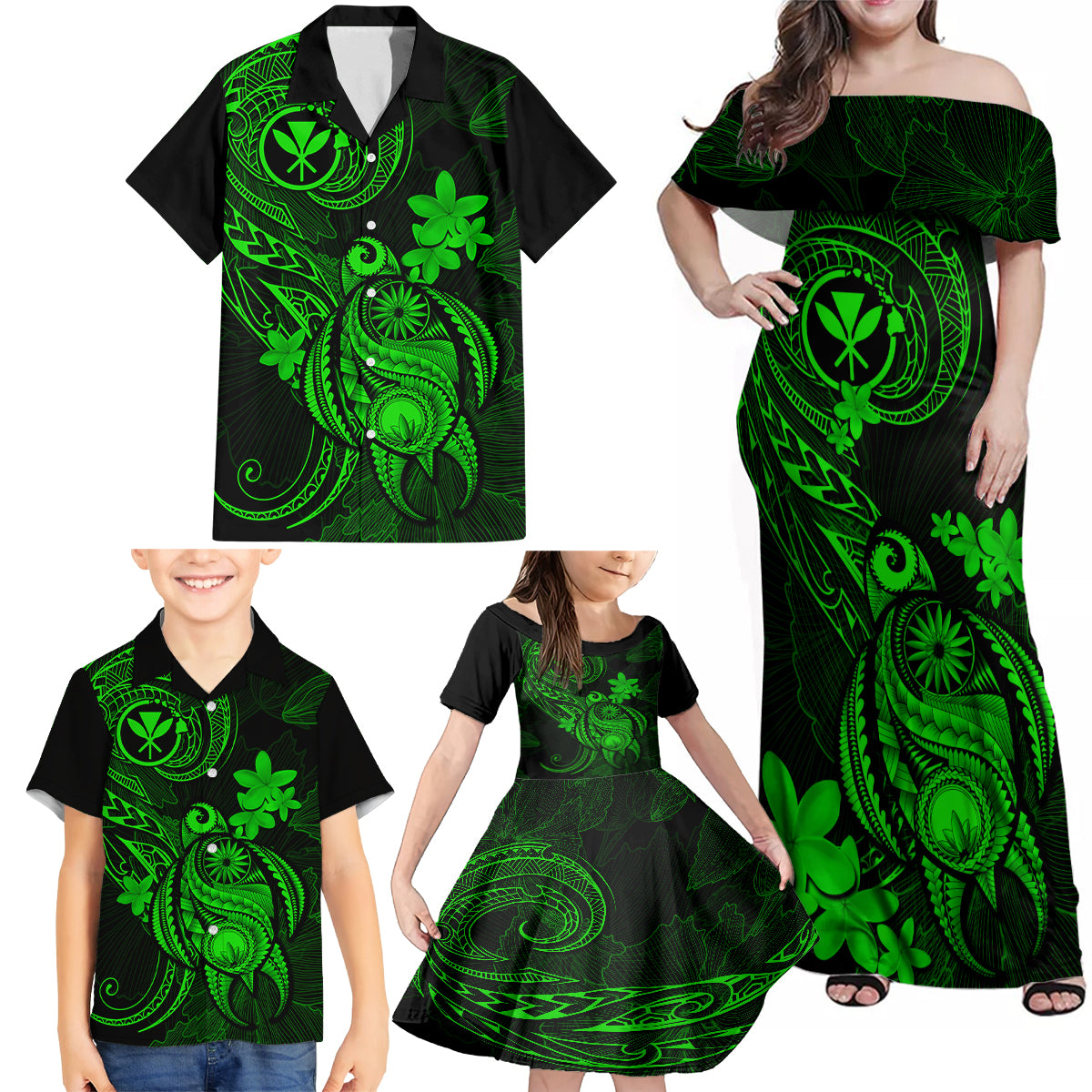 Hawaii Family Matching Off Shoulder Maxi Dress and Hawaiian Shirt Turtle Mix Polynesian Plumeria Green Version LT14 - Polynesian Pride