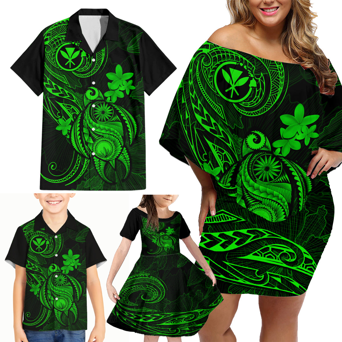Hawaii Family Matching Off Shoulder Short Dress and Hawaiian Shirt Turtle Mix Polynesian Plumeria Green Version LT14 - Polynesian Pride