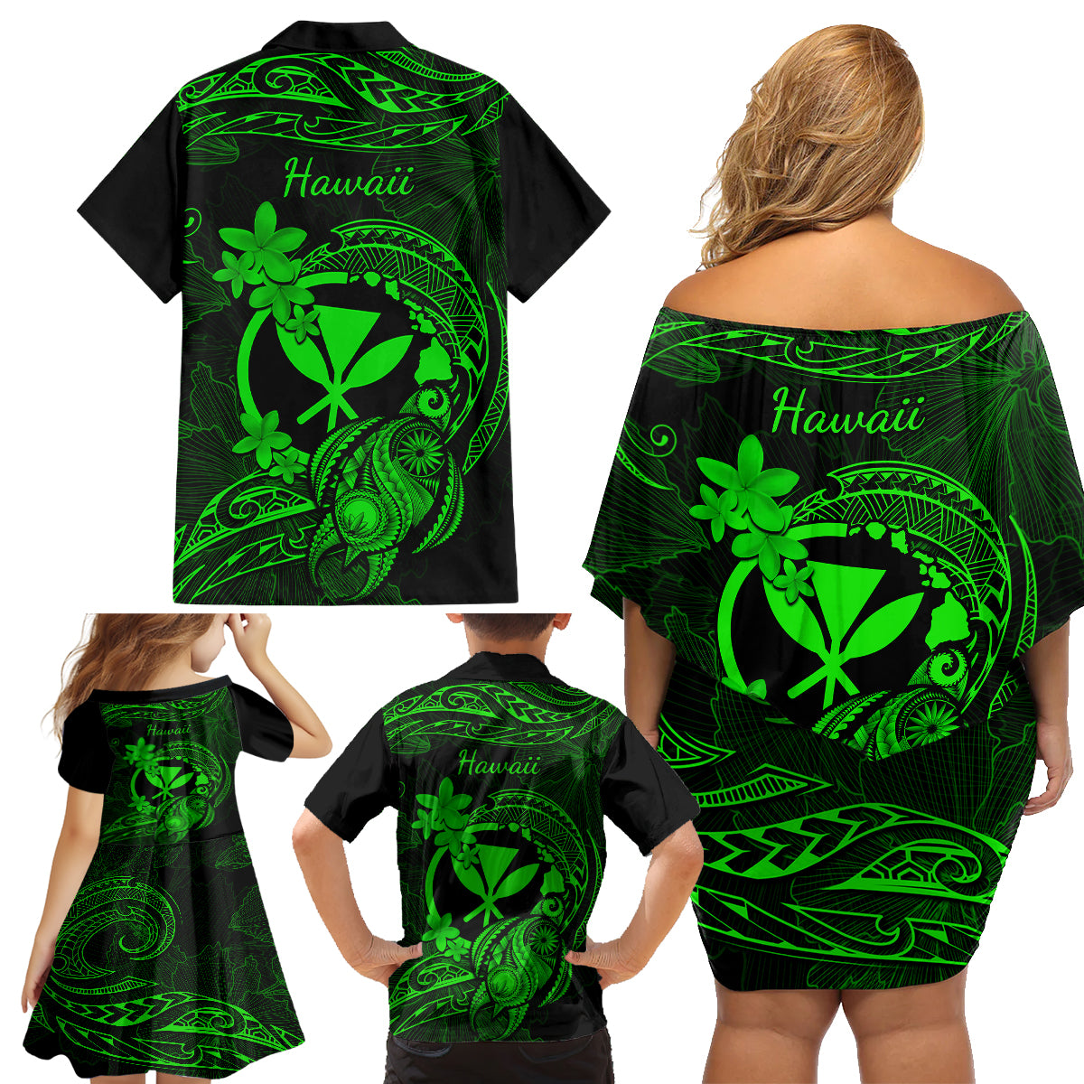 Hawaii Family Matching Off Shoulder Short Dress and Hawaiian Shirt Turtle Mix Polynesian Plumeria Green Version LT14 - Polynesian Pride