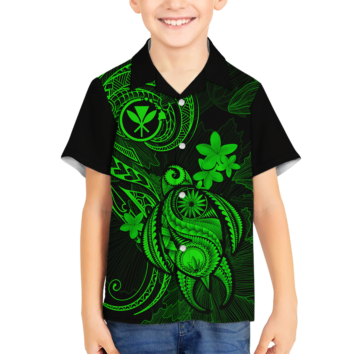 Hawaii Family Matching Off Shoulder Short Dress and Hawaiian Shirt Turtle Mix Polynesian Plumeria Green Version LT14 Son's Shirt Green - Polynesian Pride