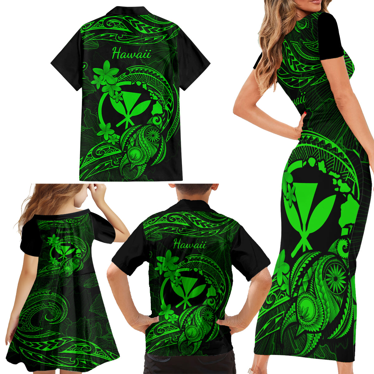 Hawaii Family Matching Short Sleeve Bodycon Dress and Hawaiian Shirt Turtle Mix Polynesian Plumeria Green Version LT14 - Polynesian Pride