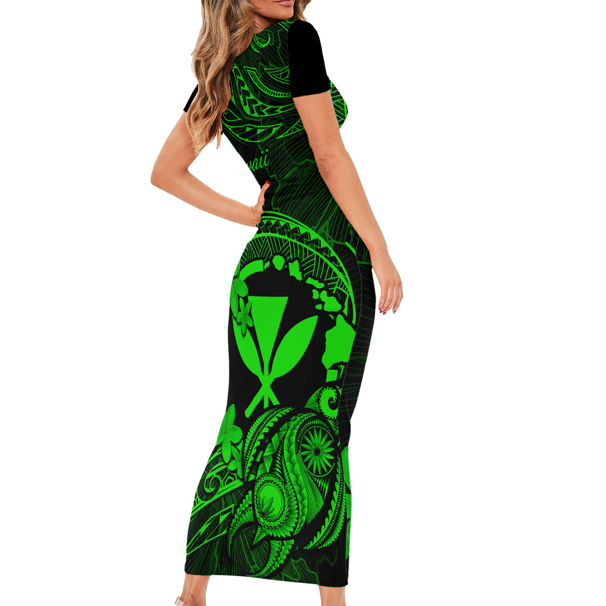 Hawaii Family Matching Short Sleeve Bodycon Dress and Hawaiian Shirt Turtle Mix Polynesian Plumeria Green Version LT14 - Polynesian Pride