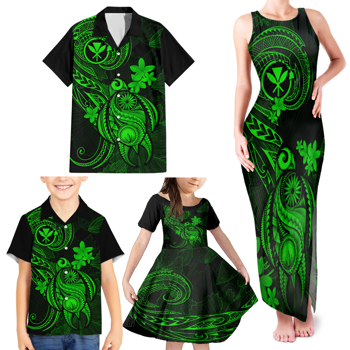 hawaii-family-matching-tank-maxi-dress-and-hawaiian-shirt-turtle-mix-polynesian-plumeria-green-version