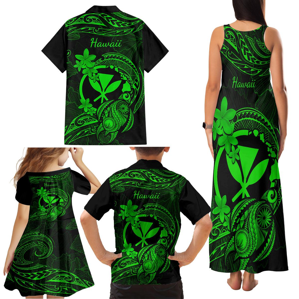 Hawaii Family Matching Tank Maxi Dress and Hawaiian Shirt Turtle Mix Polynesian Plumeria Green Version LT14 - Polynesian Pride