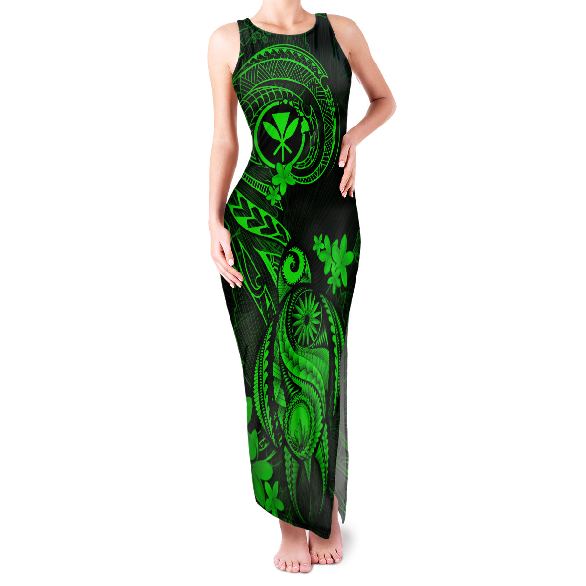 Hawaii Family Matching Tank Maxi Dress and Hawaiian Shirt Turtle Mix Polynesian Plumeria Green Version LT14 Mom's Dress Green - Polynesian Pride