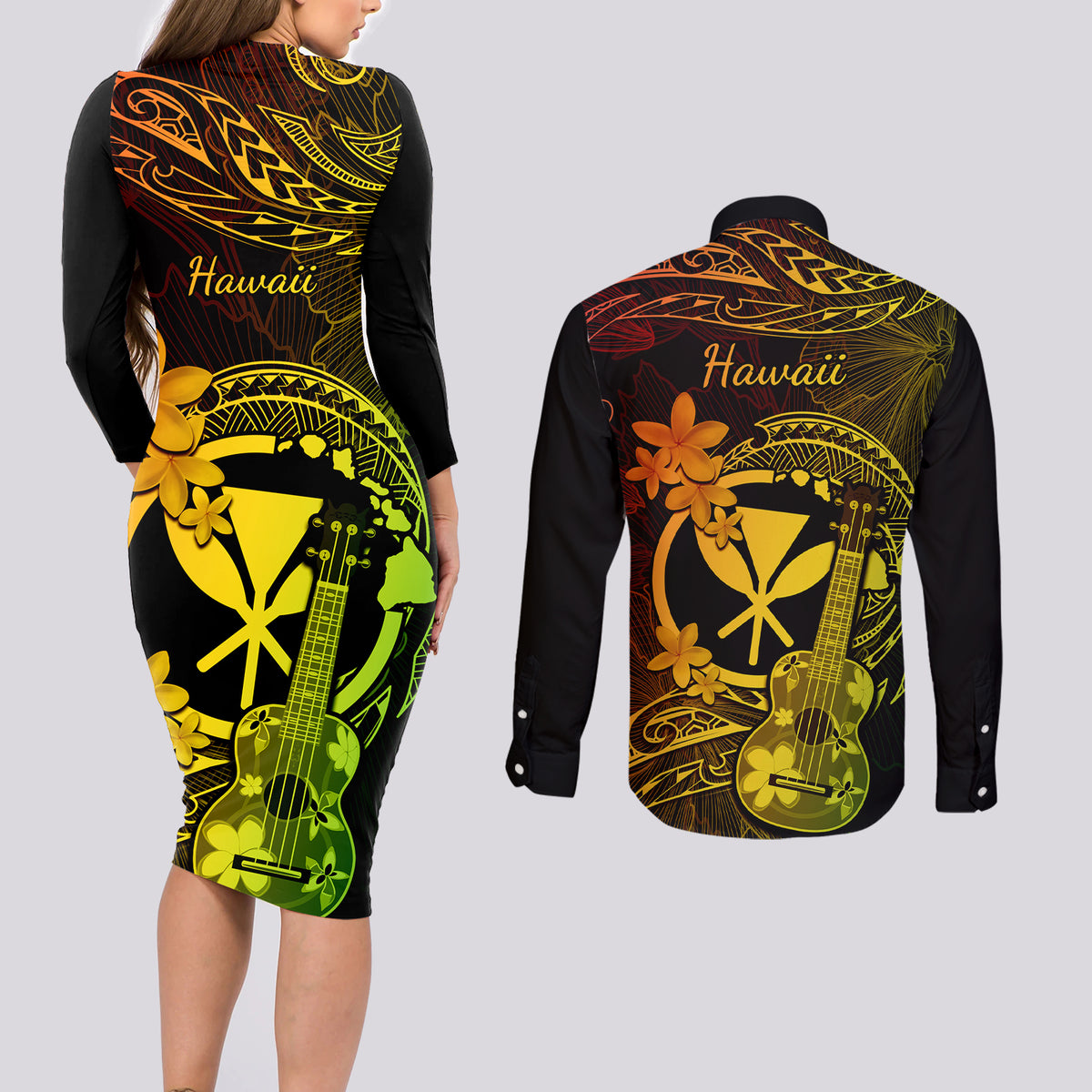 hawaii-couples-matching-long-sleeve-bodycon-dress-and-long-sleeve-button-shirts-ukulele-mix-polynesian-plumeria-reggae-version