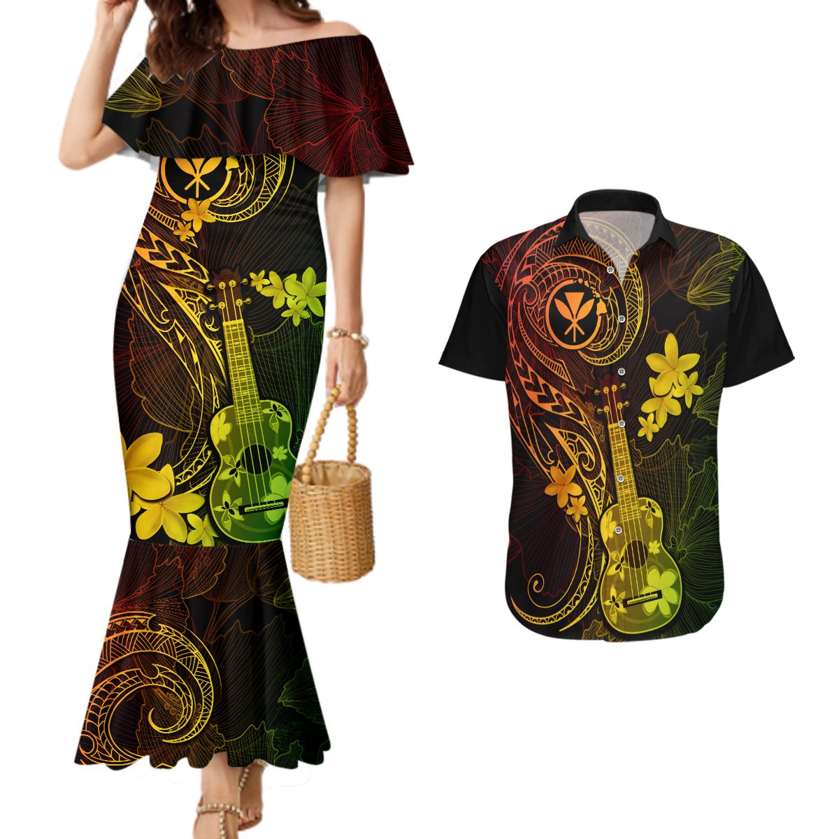 Hawaii Couples Matching Mermaid Dress and Hawaiian Shirt Ukulele Mix Polynesian Plumeria Reggae Version LT14 Reggae - Polynesian Pride