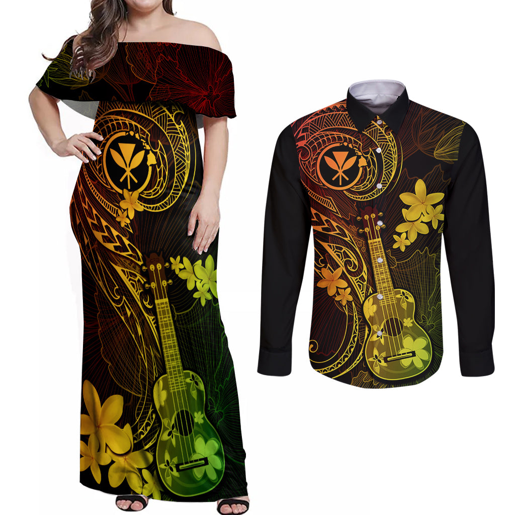 hawaii-couples-matching-off-shoulder-maxi-dress-and-long-sleeve-button-shirts-ukulele-mix-polynesian-plumeria-reggae-version