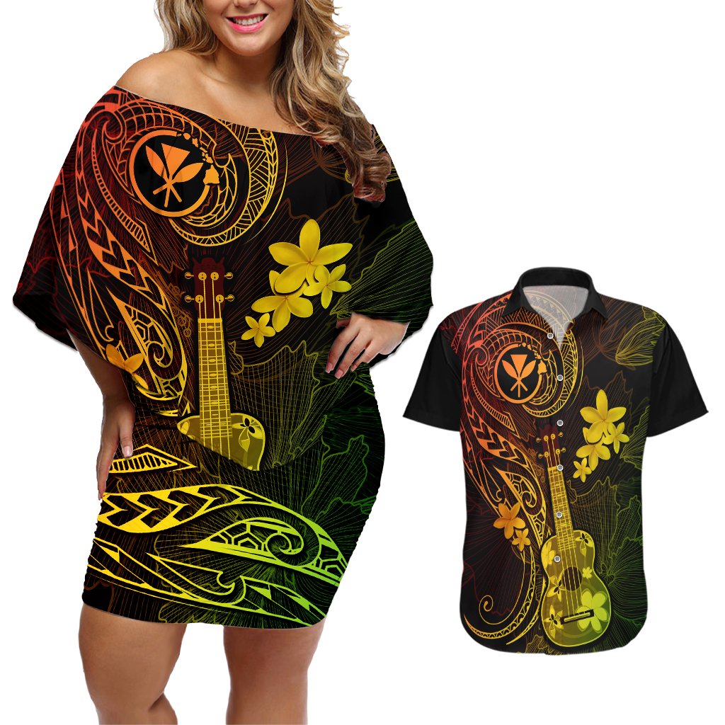 hawaii-couples-matching-off-shoulder-short-dress-and-hawaiian-shirt-ukulele-mix-polynesian-plumeria-reggae-version