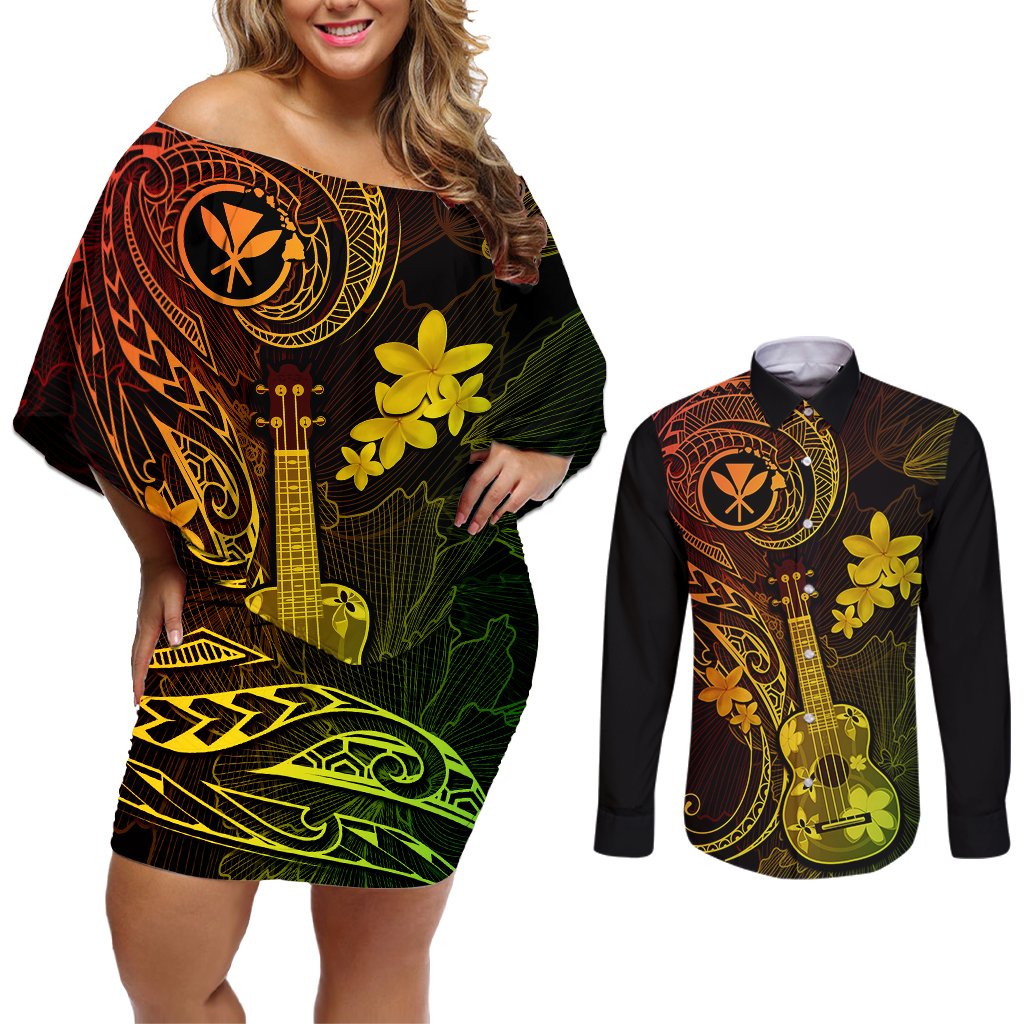 hawaii-couples-matching-off-shoulder-short-dress-and-long-sleeve-button-shirts-ukulele-mix-polynesian-plumeria-reggae-version
