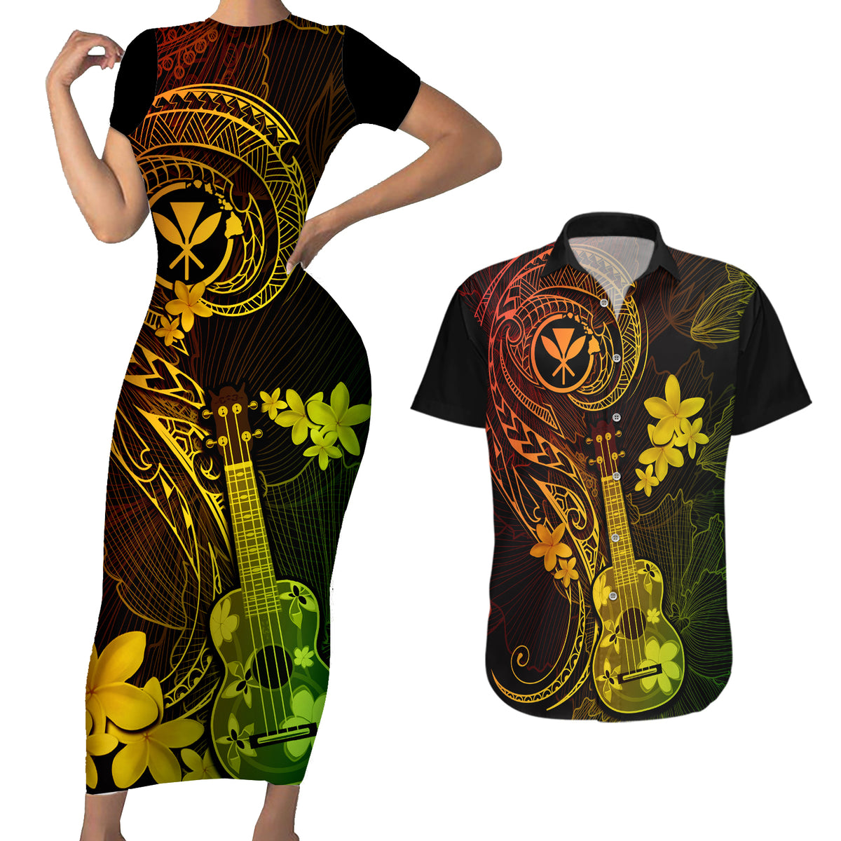Hawaii Couples Matching Short Sleeve Bodycon Dress and Hawaiian Shirt Ukulele Mix Polynesian Plumeria Reggae Version LT14 Reggae - Polynesian Pride