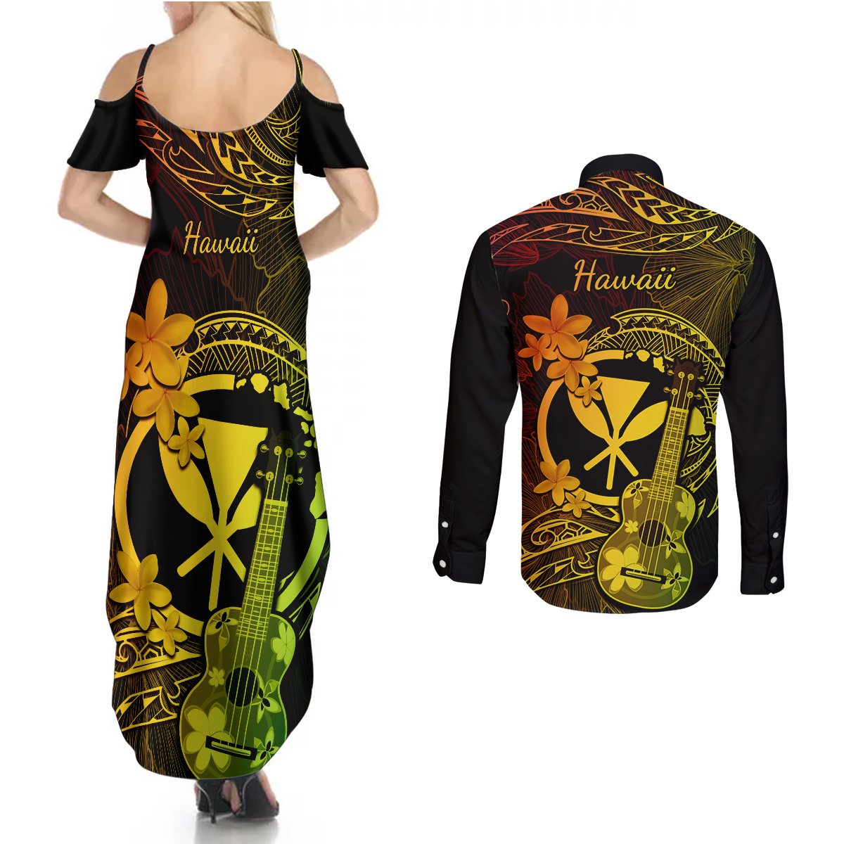 hawaii-couples-matching-summer-maxi-dress-and-long-sleeve-button-shirts-ukulele-mix-polynesian-plumeria-reggae-version