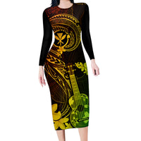 Hawaii Family Matching Long Sleeve Bodycon Dress and Hawaiian Shirt Ukulele Mix Polynesian Plumeria Reggae Version LT14 Mom's Dress Reggae - Polynesian Pride