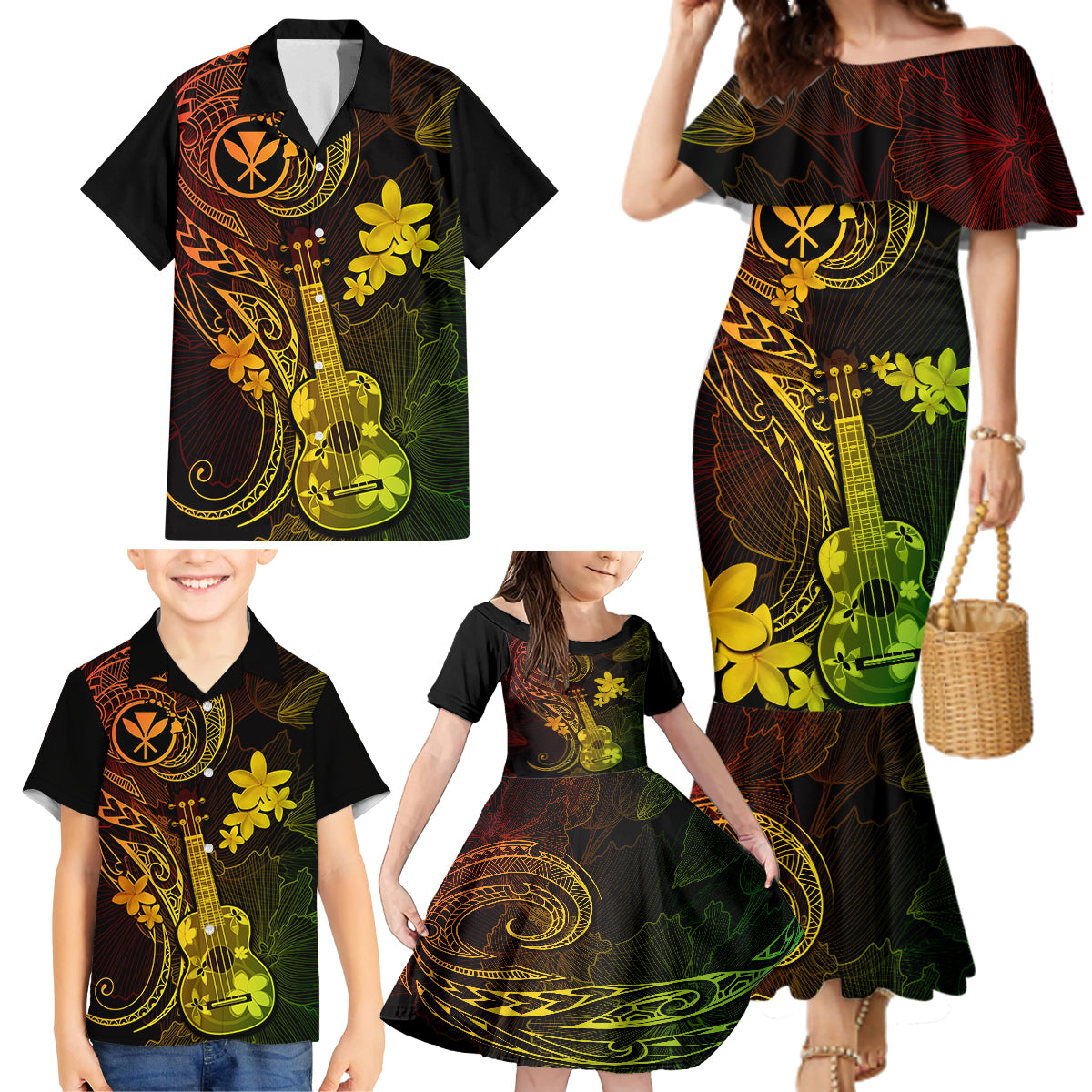 Hawaii Family Matching Mermaid Dress and Hawaiian Shirt Ukulele Mix Polynesian Plumeria Reggae Version LT14 - Polynesian Pride