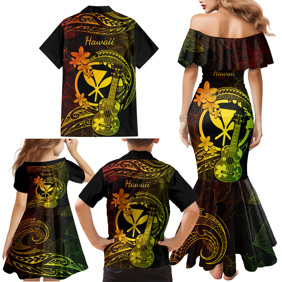 Hawaii Family Matching Mermaid Dress and Hawaiian Shirt Ukulele Mix Polynesian Plumeria Reggae Version LT14 - Polynesian Pride