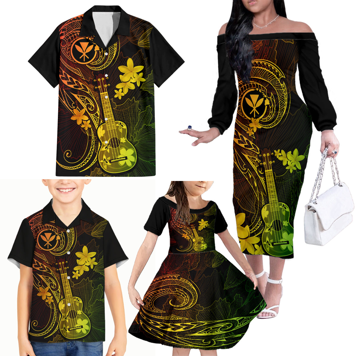 Hawaii Family Matching Off Shoulder Long Sleeve Dress and Hawaiian Shirt Ukulele Mix Polynesian Plumeria Reggae Version LT14 - Polynesian Pride